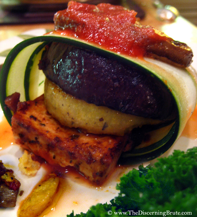 Vegan Recipe: Garlicky Polenta, Tender Eggplant & Marinated Tofu Tower with Mushroom & Wine Red Sauce