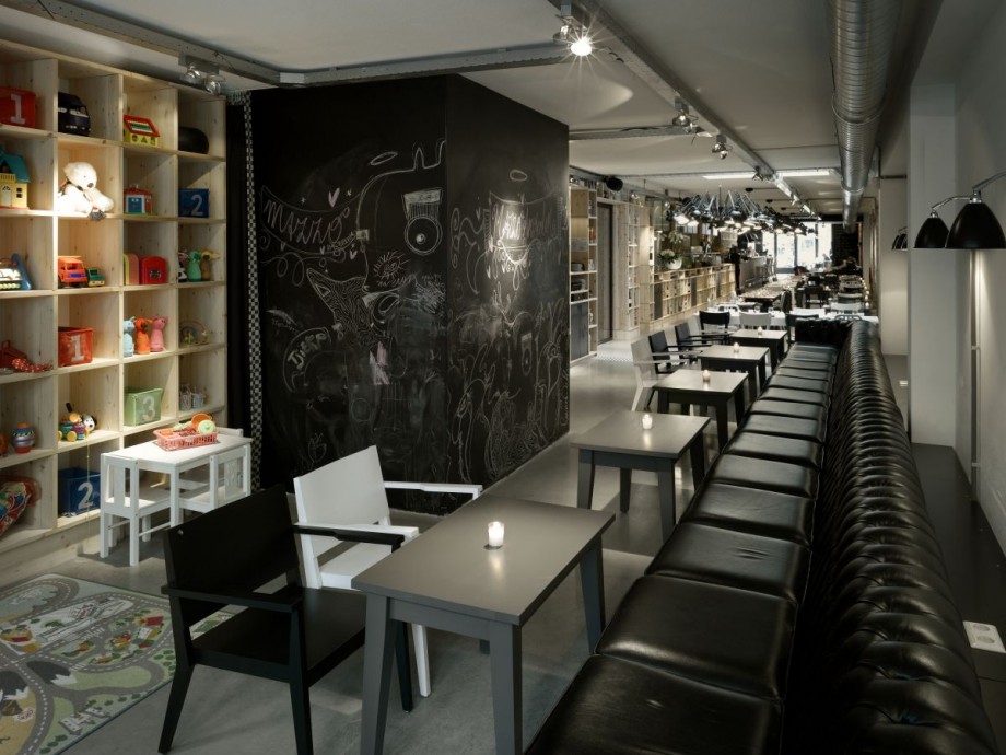 Fun toys and chalkboard wall help make this restaurant kid-friendly