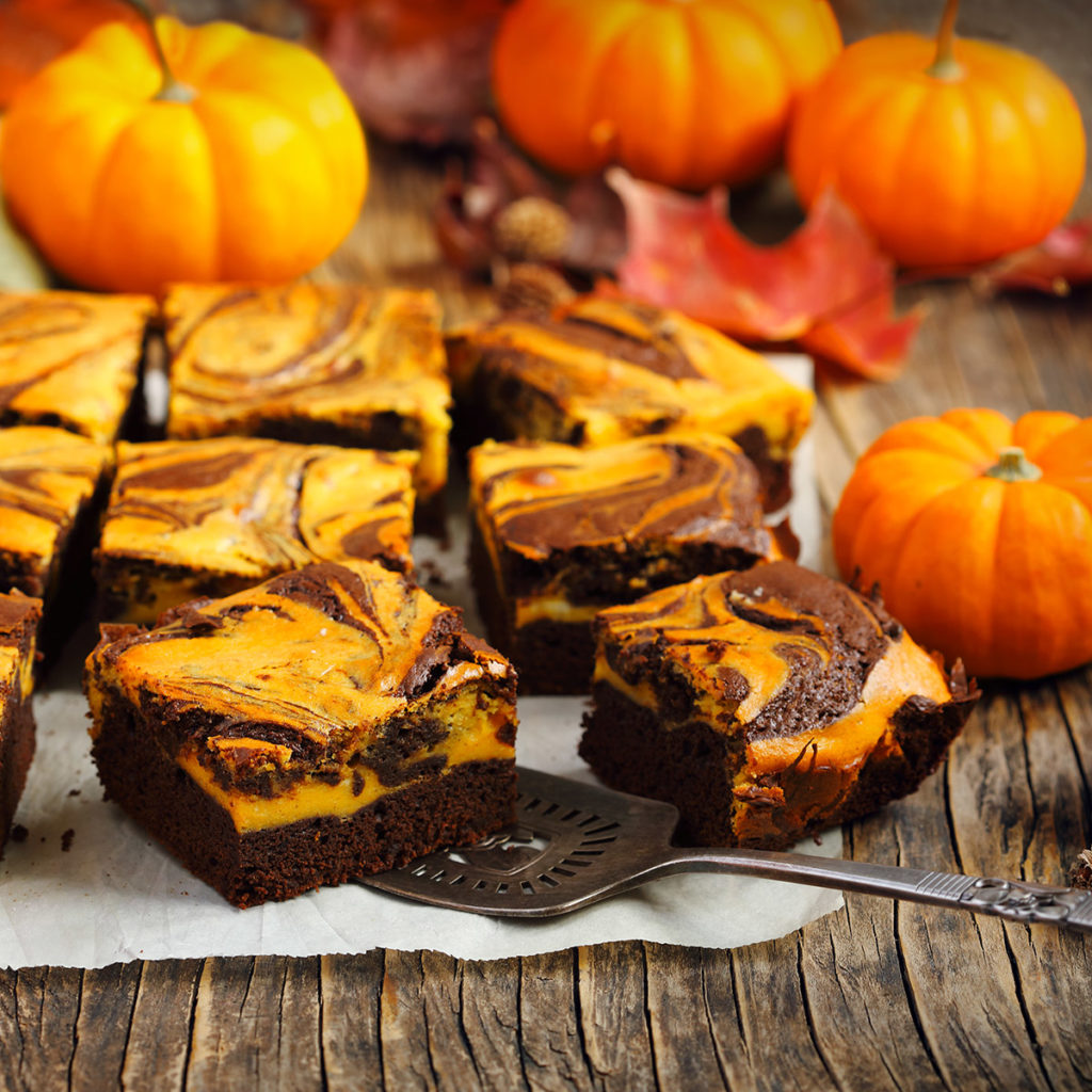 A dark chocolate pumpkin pie cut into squares in an autumn setting.  